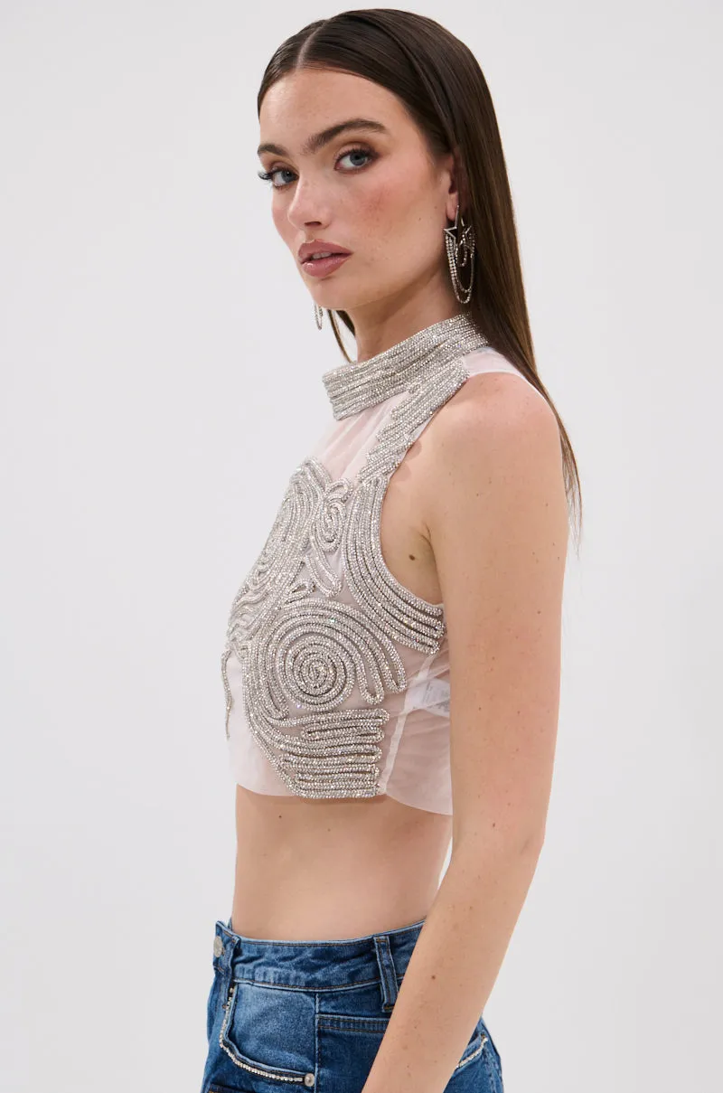 Body Mapped Vent Zones Bound Hem STARSHINE RHINESTONE MOCK NECK BLOUSE