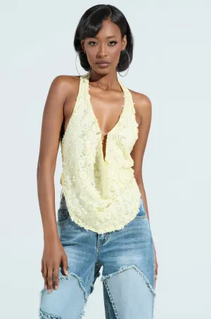 Heat Transfer Logo Application SHINE BRIGHT BABY YELLOW SEQUIN HALTER TOP