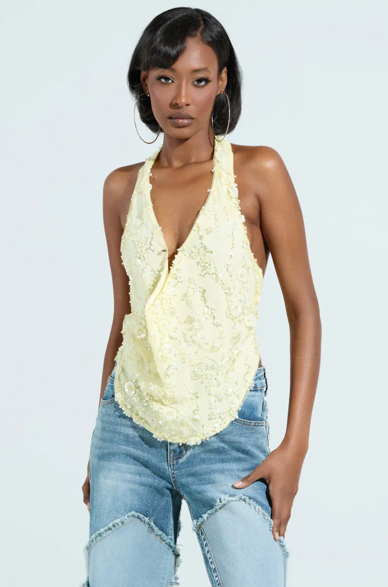 high - efficiency Productivity - increased SHINE BRIGHT BABY YELLOW SEQUIN HALTER TOP