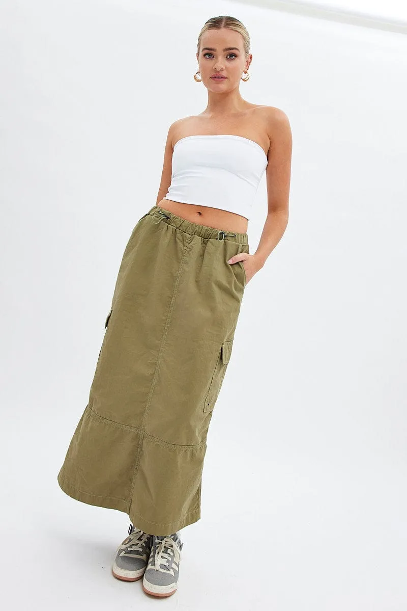 Green Maxi Skirt Low Rise Cargo Parachute Flexible Motion Back Slit