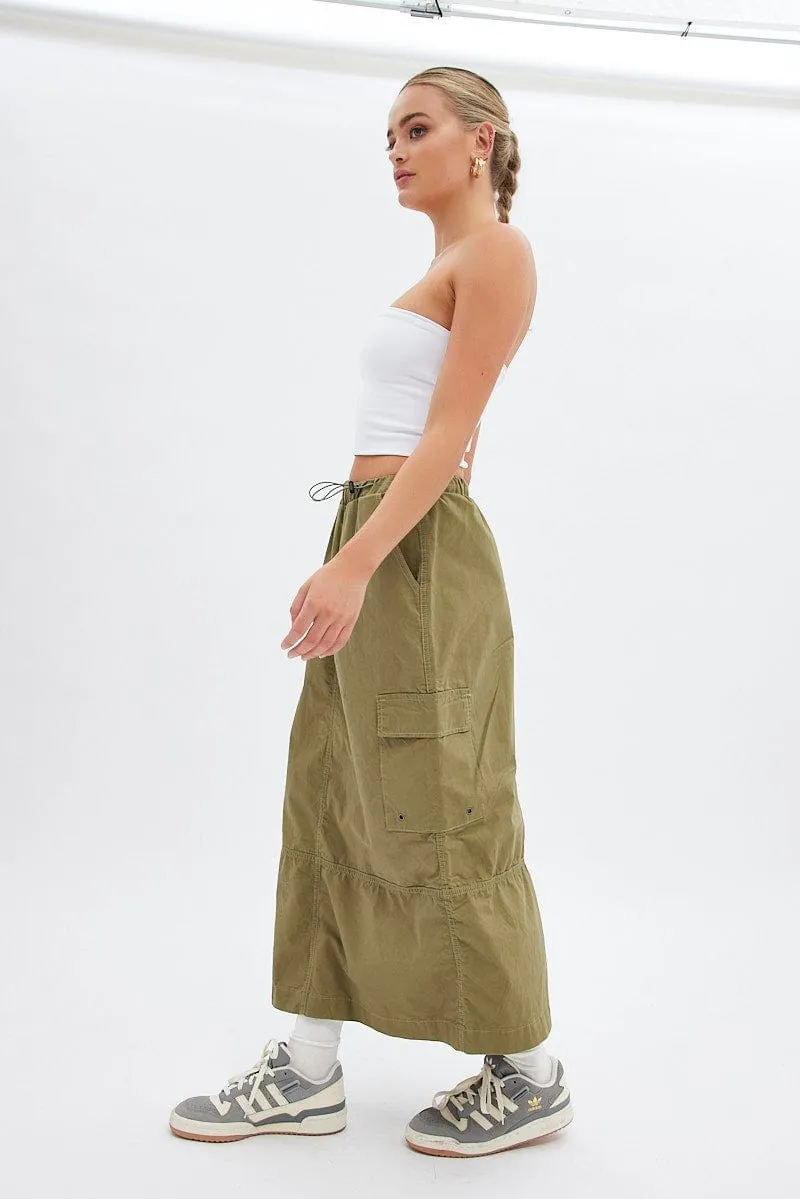 Button Details Style Fusion Green Maxi Skirt Low Rise Cargo Parachute