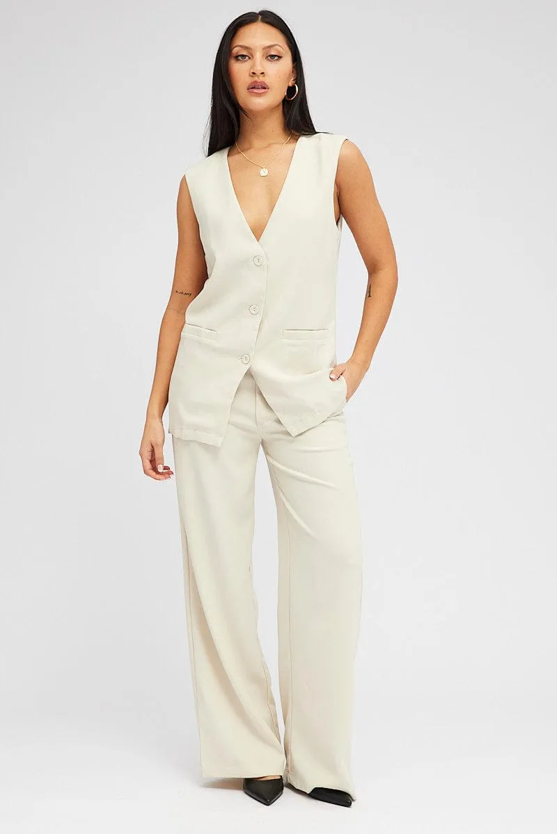 Stretch Panels Reinforced Stitching Beige Wide Leg Pants High Rise