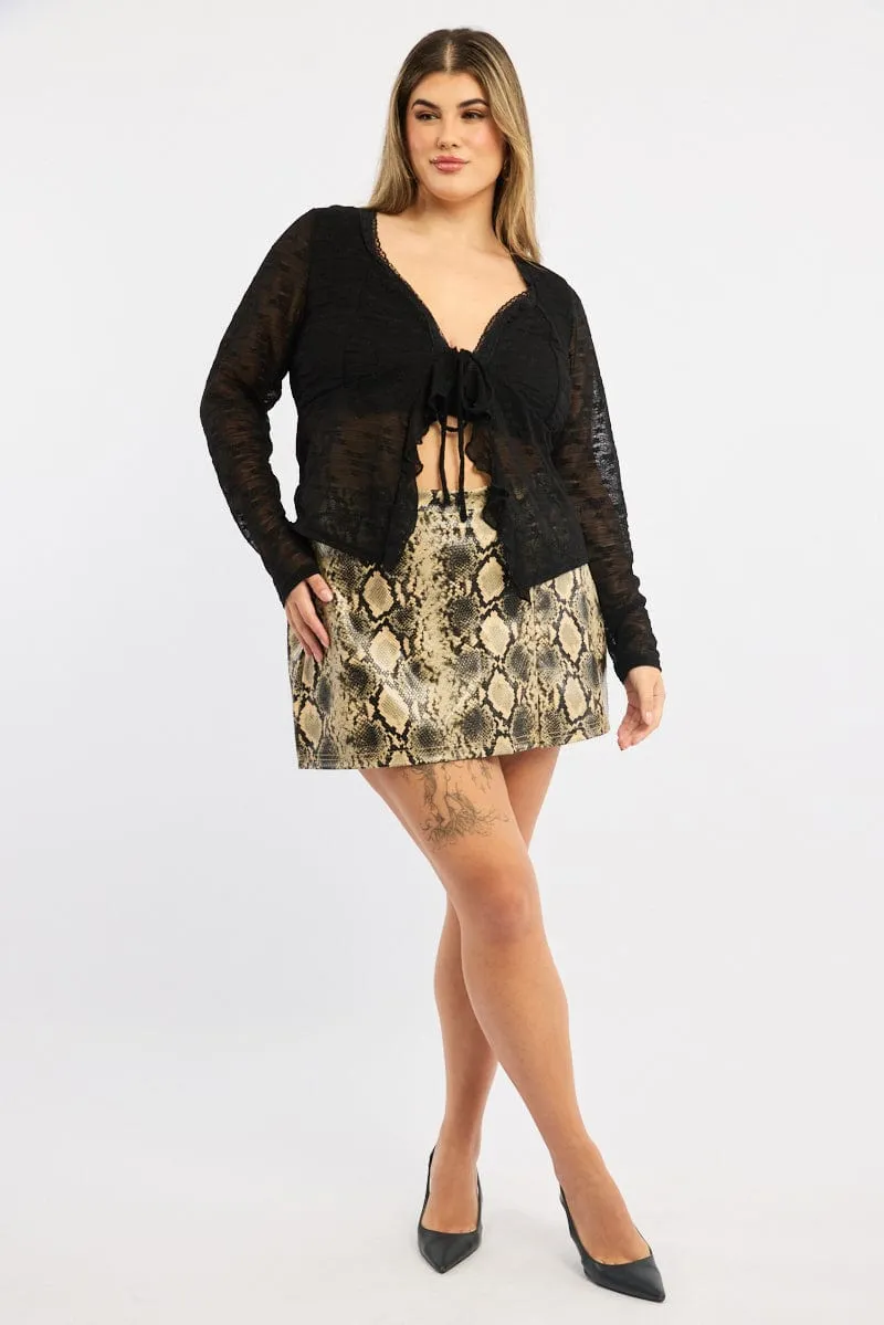 Opaque Lining Beige Animal Print Faux Leather Snake Print Split Mini Skirts Skorts