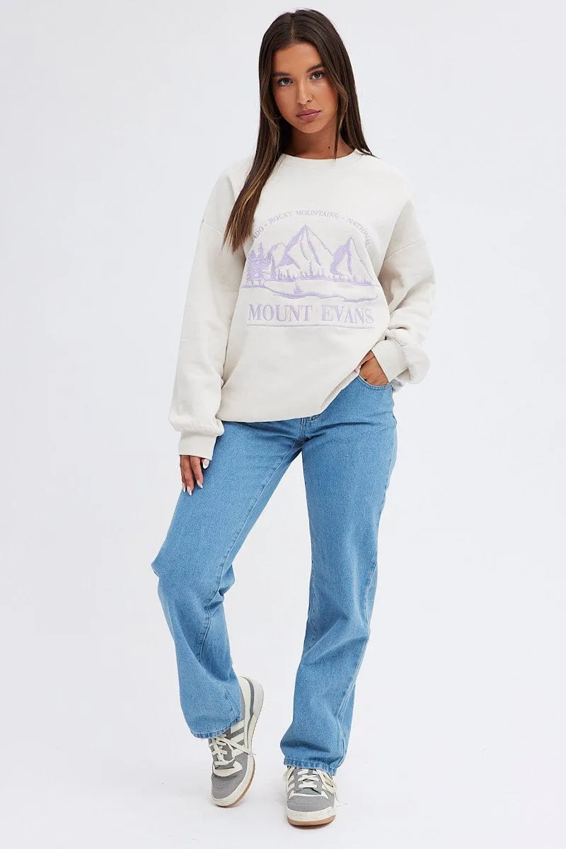 Street Look Beige Sweater Sky Mountain- Embroidery Long Sleeve