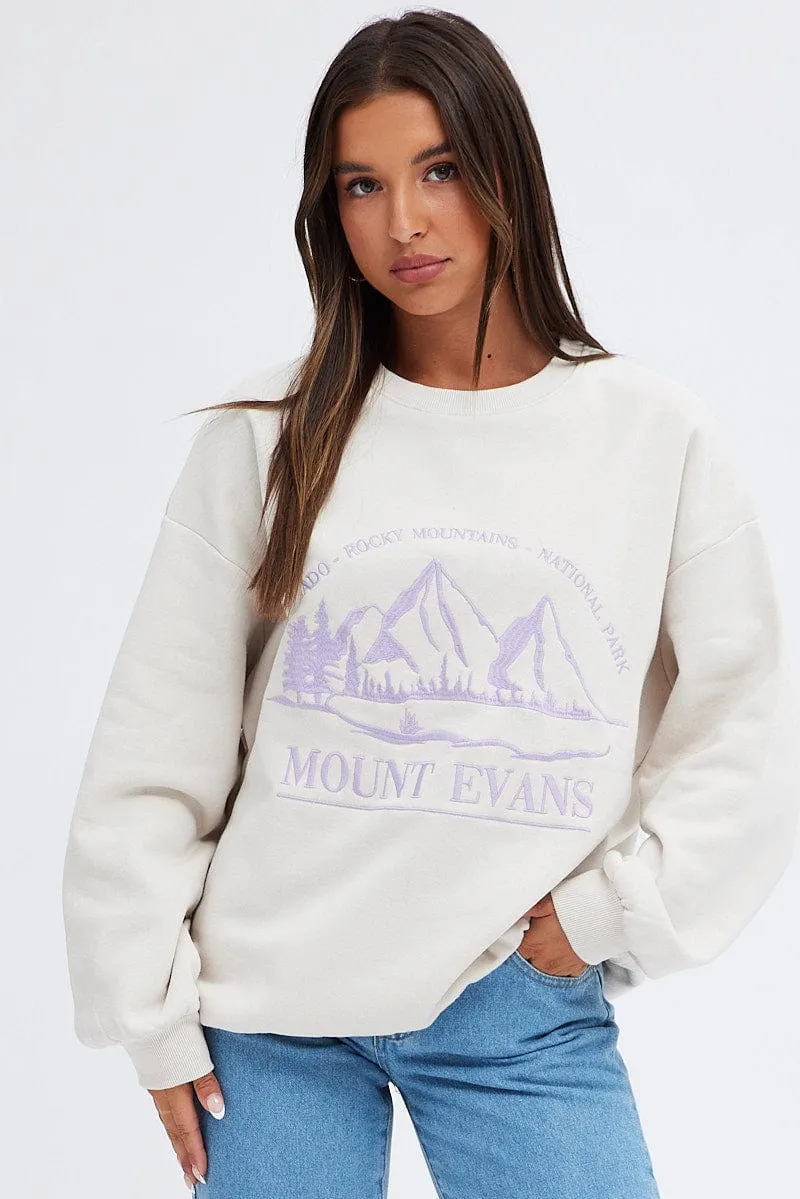 Gym Wear product bag functionality Beige Sweater Sky Mountain- Embroidery Long Sleeve