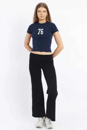 StainResistantFinish Layer Comfort Black Wide Leg Pants Folded Waist Jersey