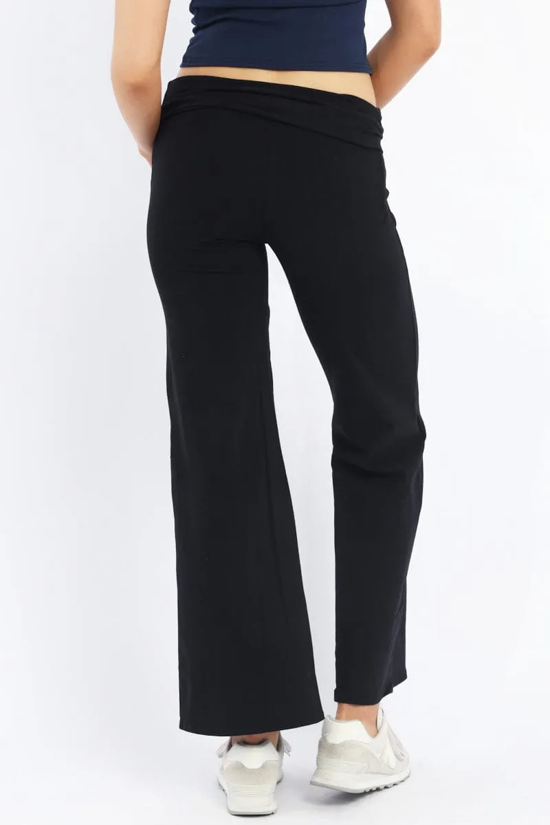 Black Wide Leg Pants Folded Waist Jersey No Gap Waistband