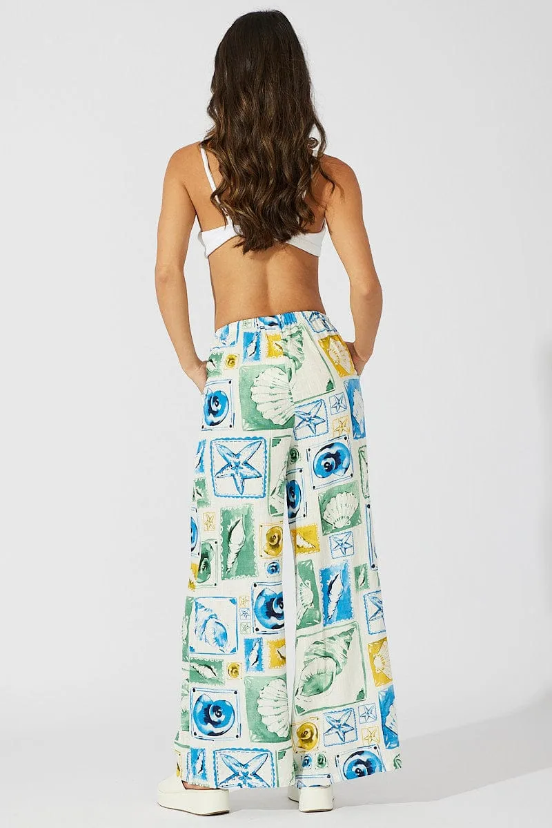 Flatlock Seams Multi Abstract Wide Leg Pants High Rise