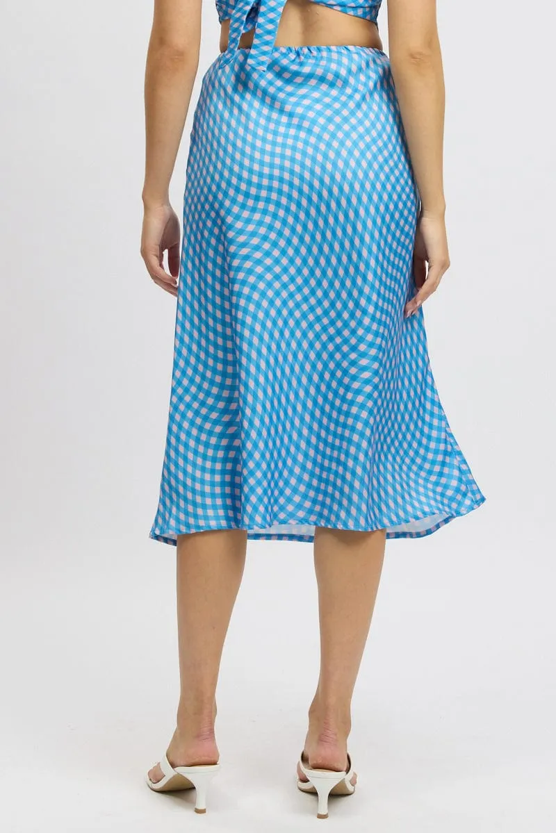 Vibrant color Blue Check Slip Skirt High Rise Elasticated Waistband Midaxi
