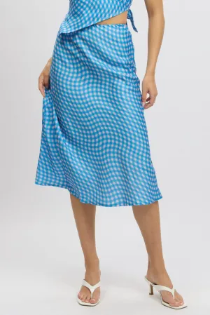 Stretch Fabric Blue Check Slip Skirt High Rise Elasticated Waistband Midaxi