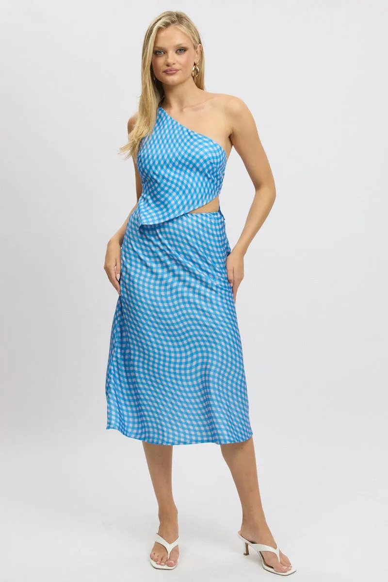 Urban Fashion Cultural Event Blue Check Slip Skirt High Rise Elasticated Waistband Midaxi
