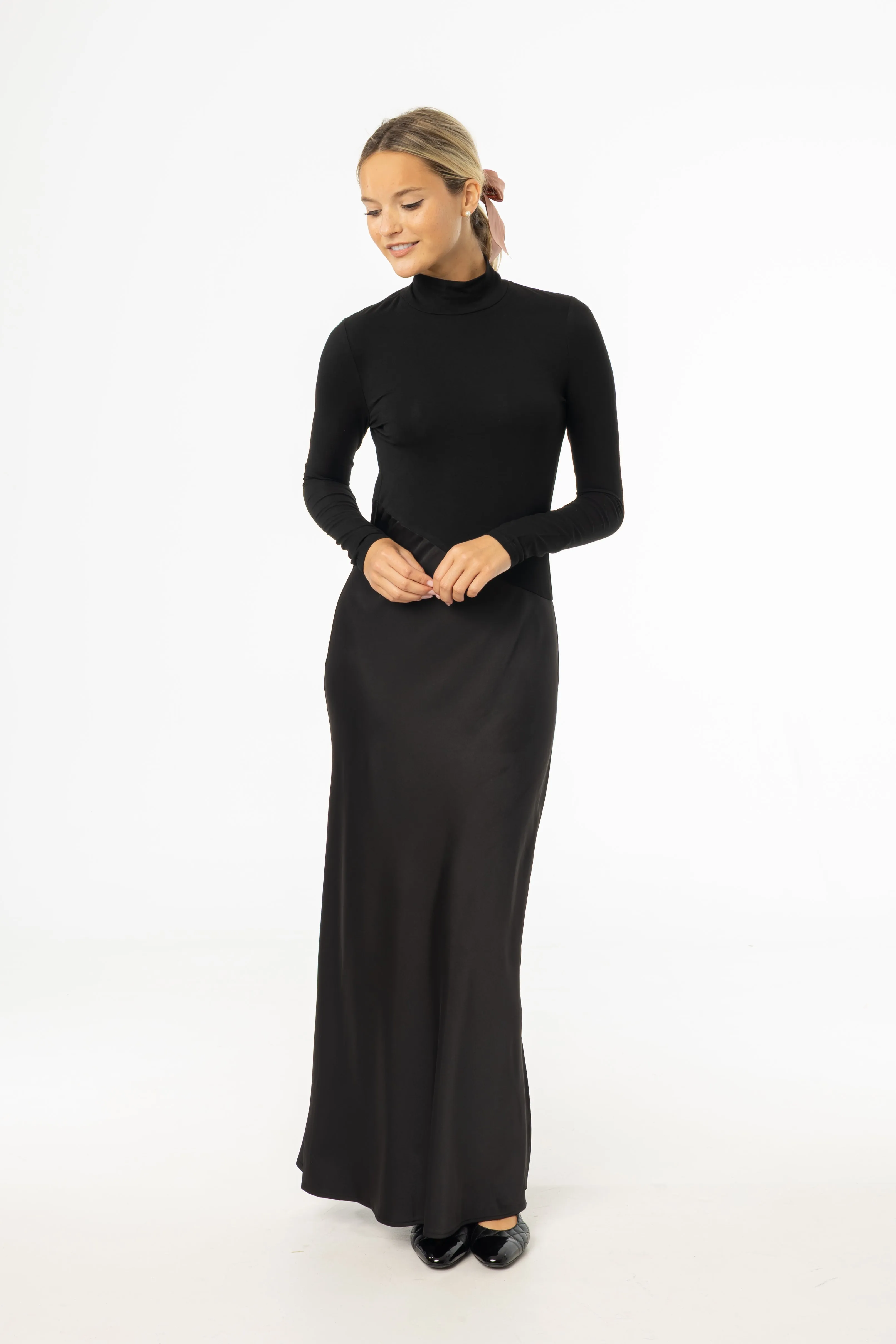 Black Combo Mock Neck Maxi Dress Warm Jacket