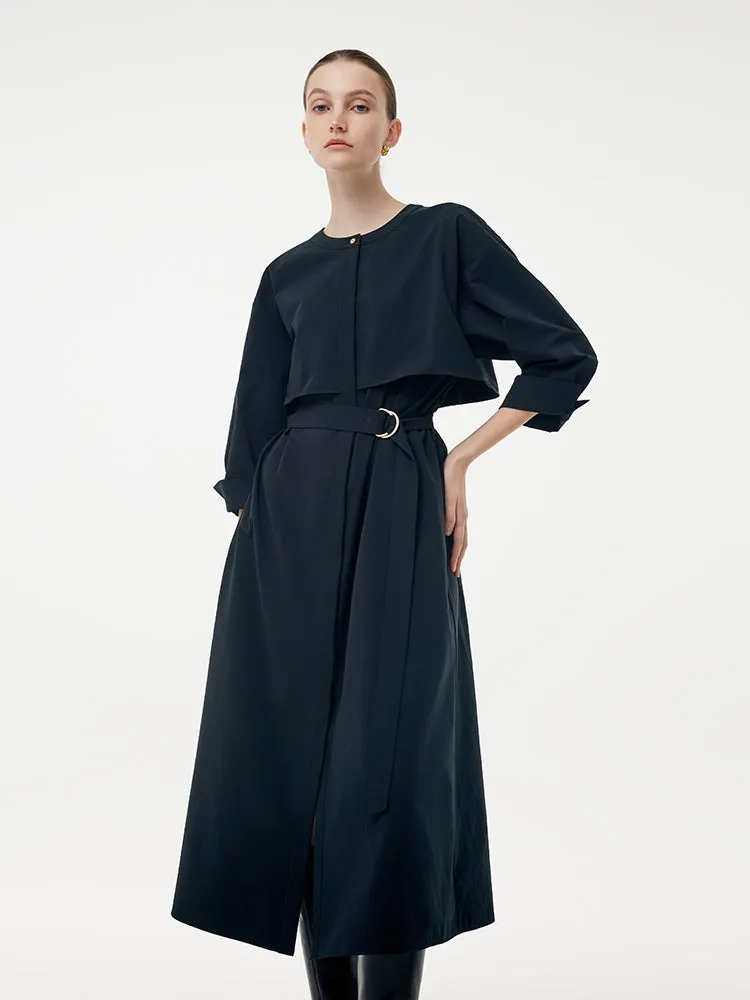 Round Neck Women Trench Maxi Dress With Belt Gentle Breeze