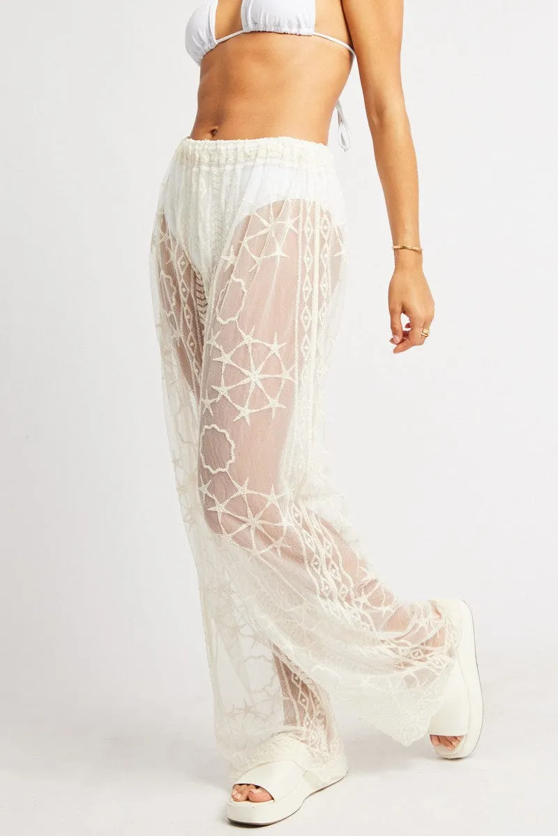 Machine washable White Embroidery Beach Pants