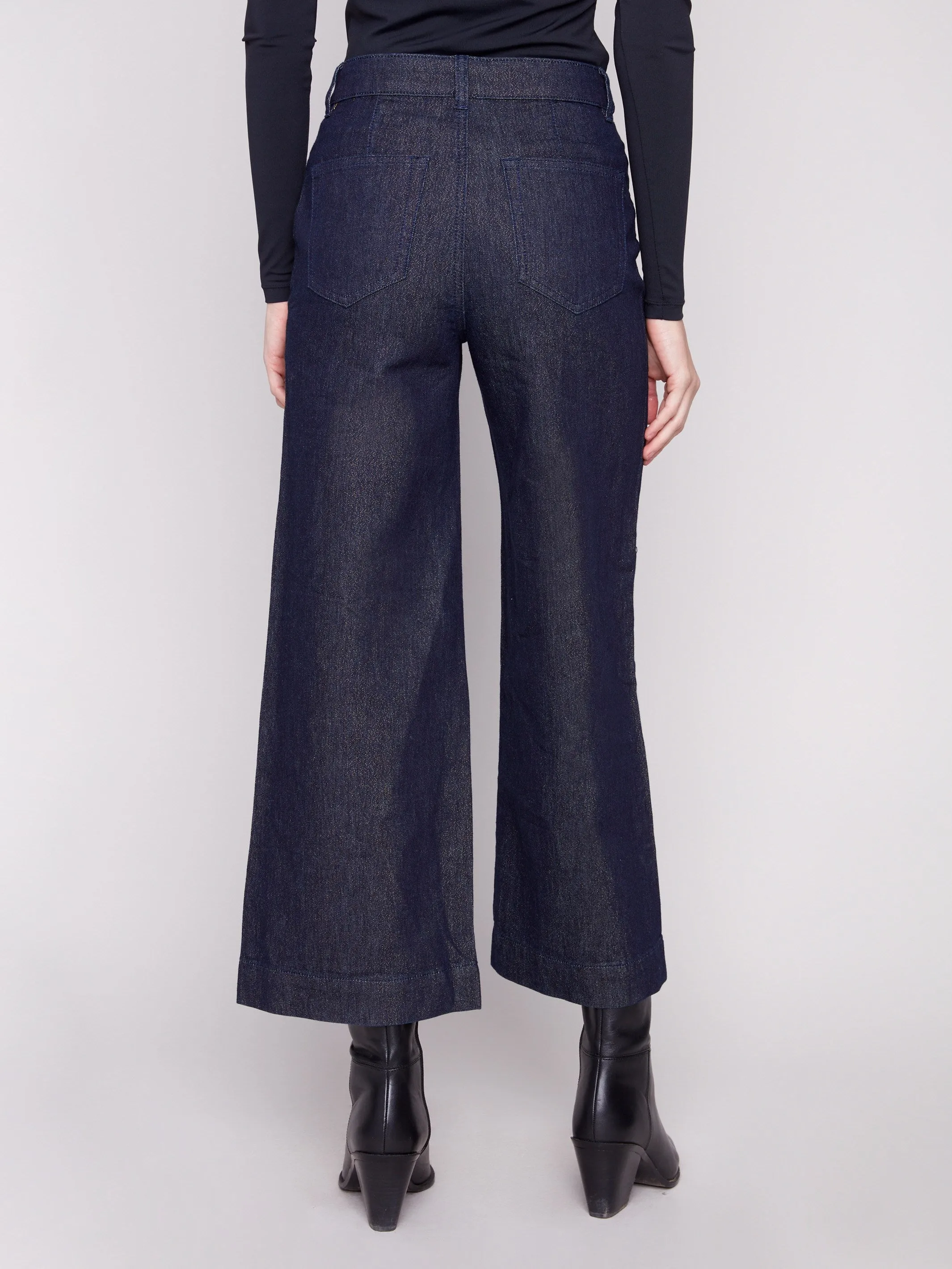 Casual Morning Stroll Earthy Modern Minimalist Office Wear Metallic Patch Pocket Flare Jeans - Blue Black