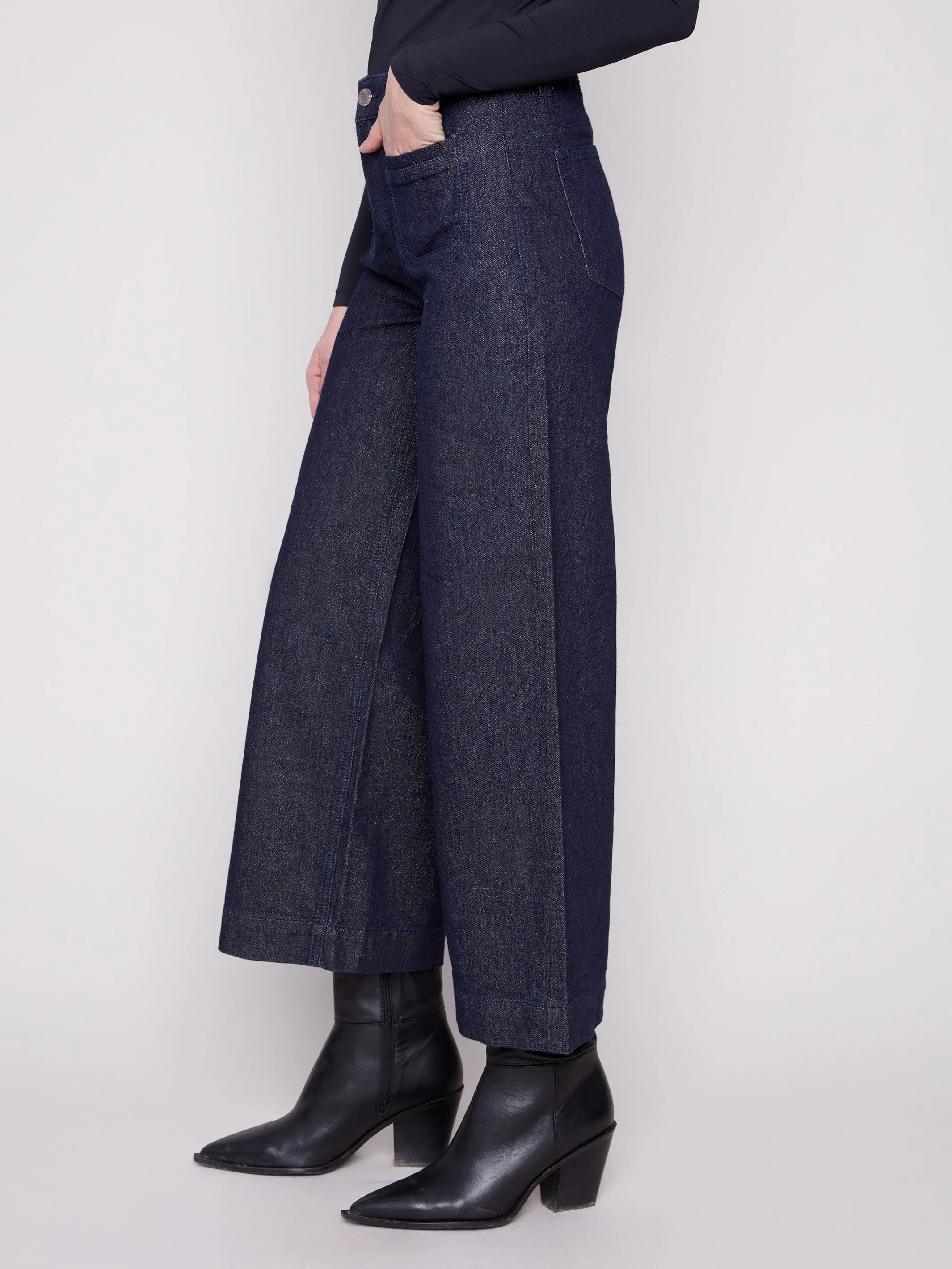 Metallic Patch Pocket Flare Jeans - Blue Black Beach Day Holiday Vibes Stylish Casual