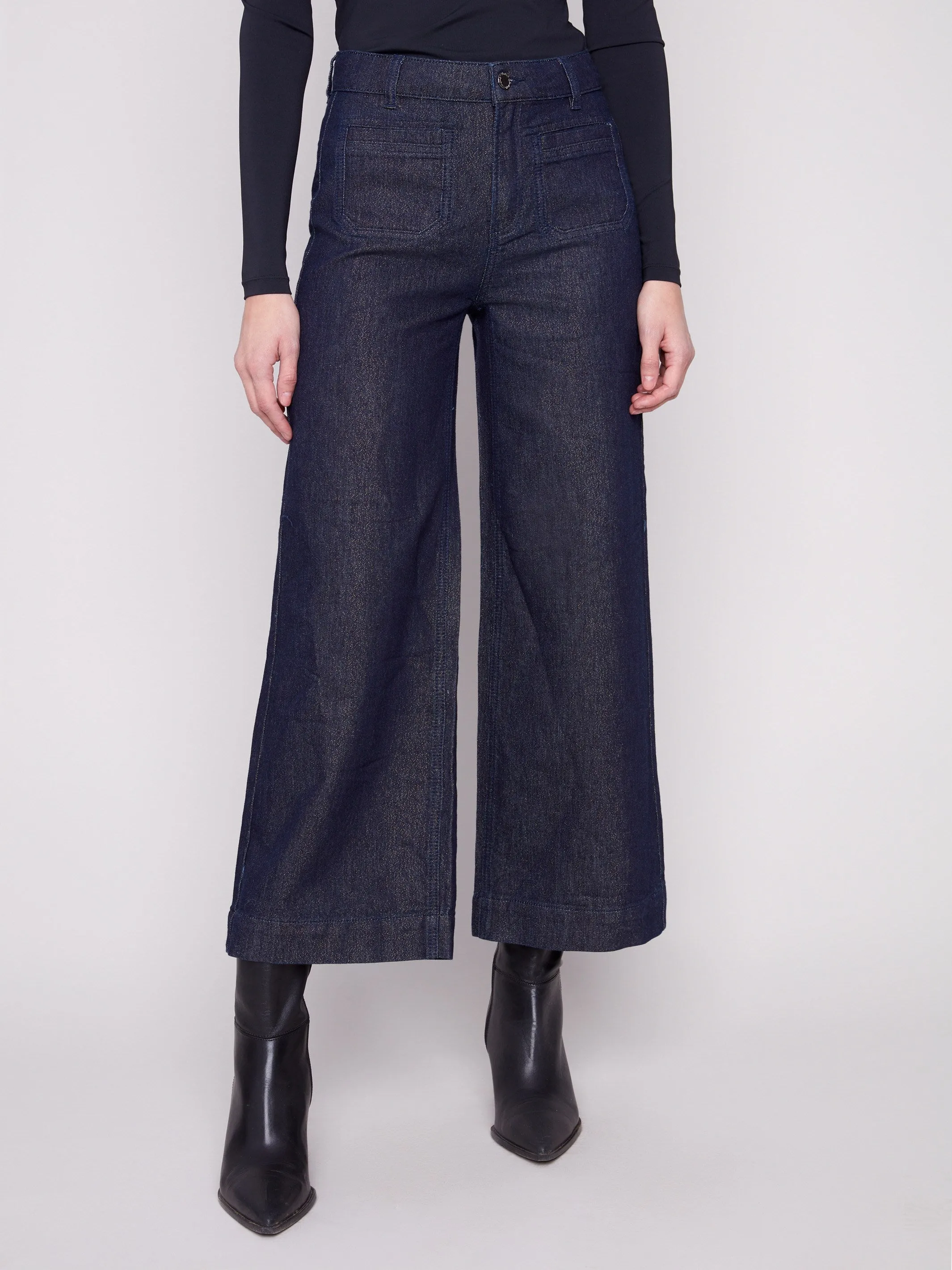 Metallic Patch Pocket Flare Jeans - Blue Black Student Outfit Streetwear Fan