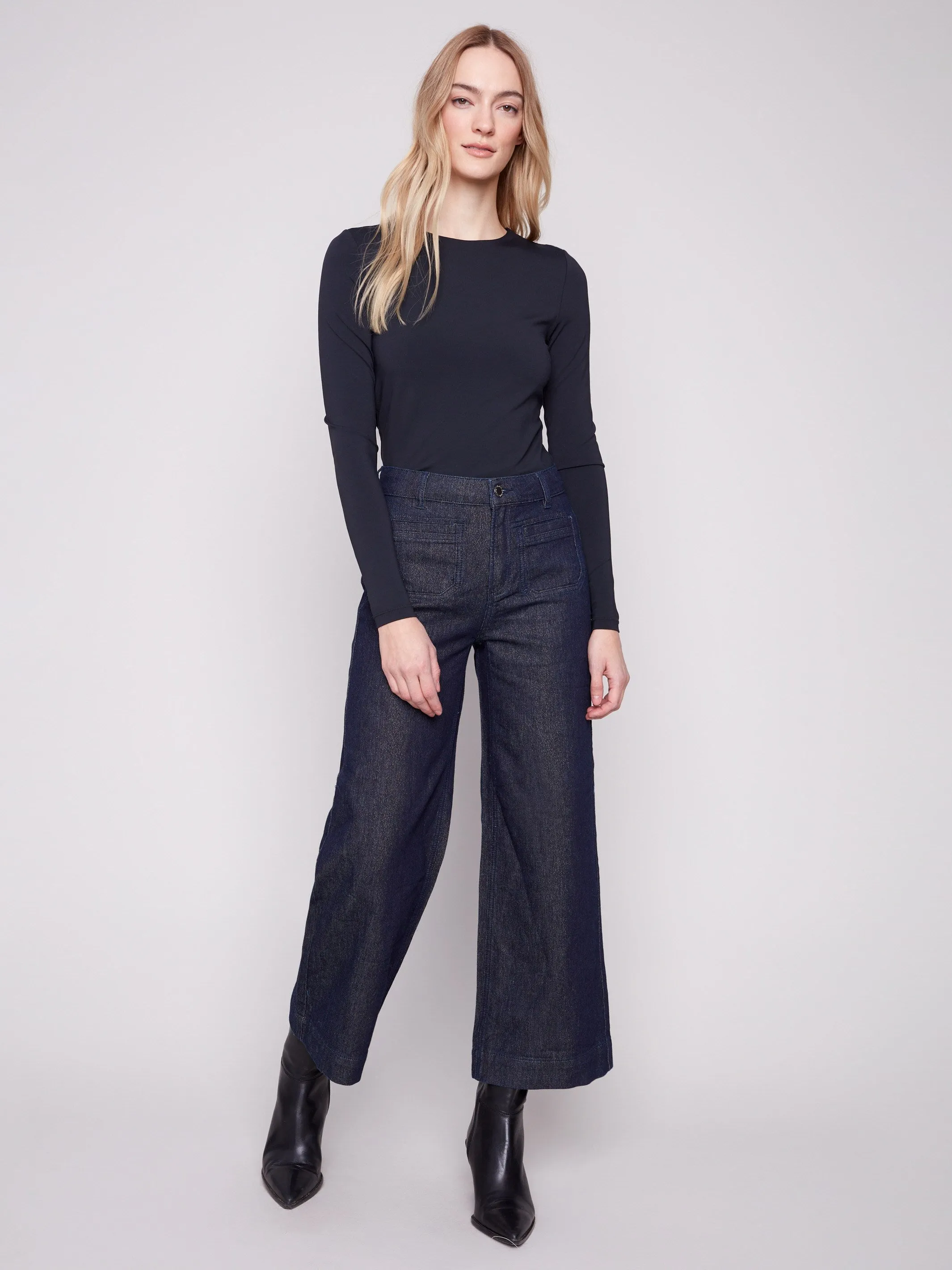 Fit And Easy Metallic Patch Pocket Flare Jeans - Blue Black