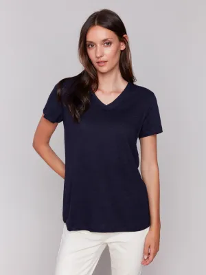 Linen Blend V-Neck T-Shirt - Navy Long sleeved warmth Fashion-Forward Fit