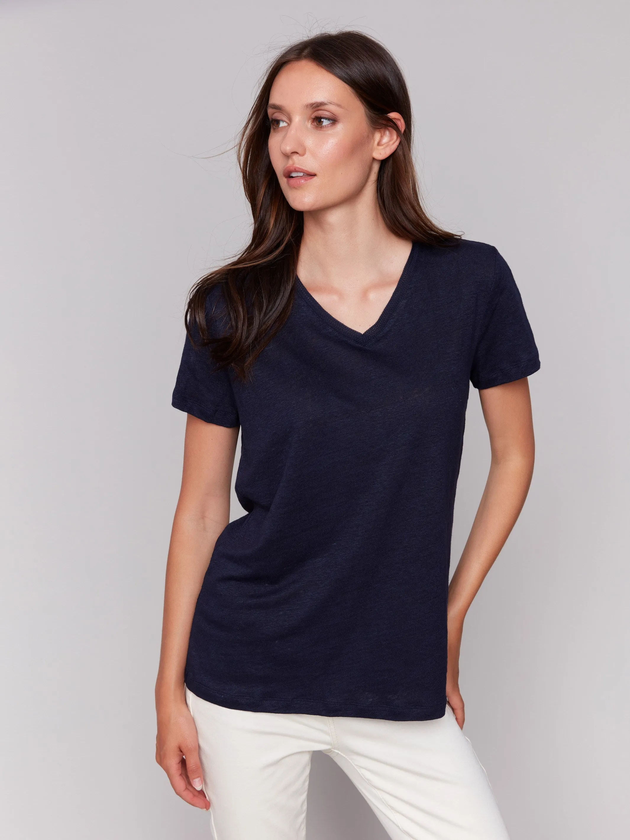 Linen Blend V-Neck T-Shirt - Navy MultipurposeCuffs