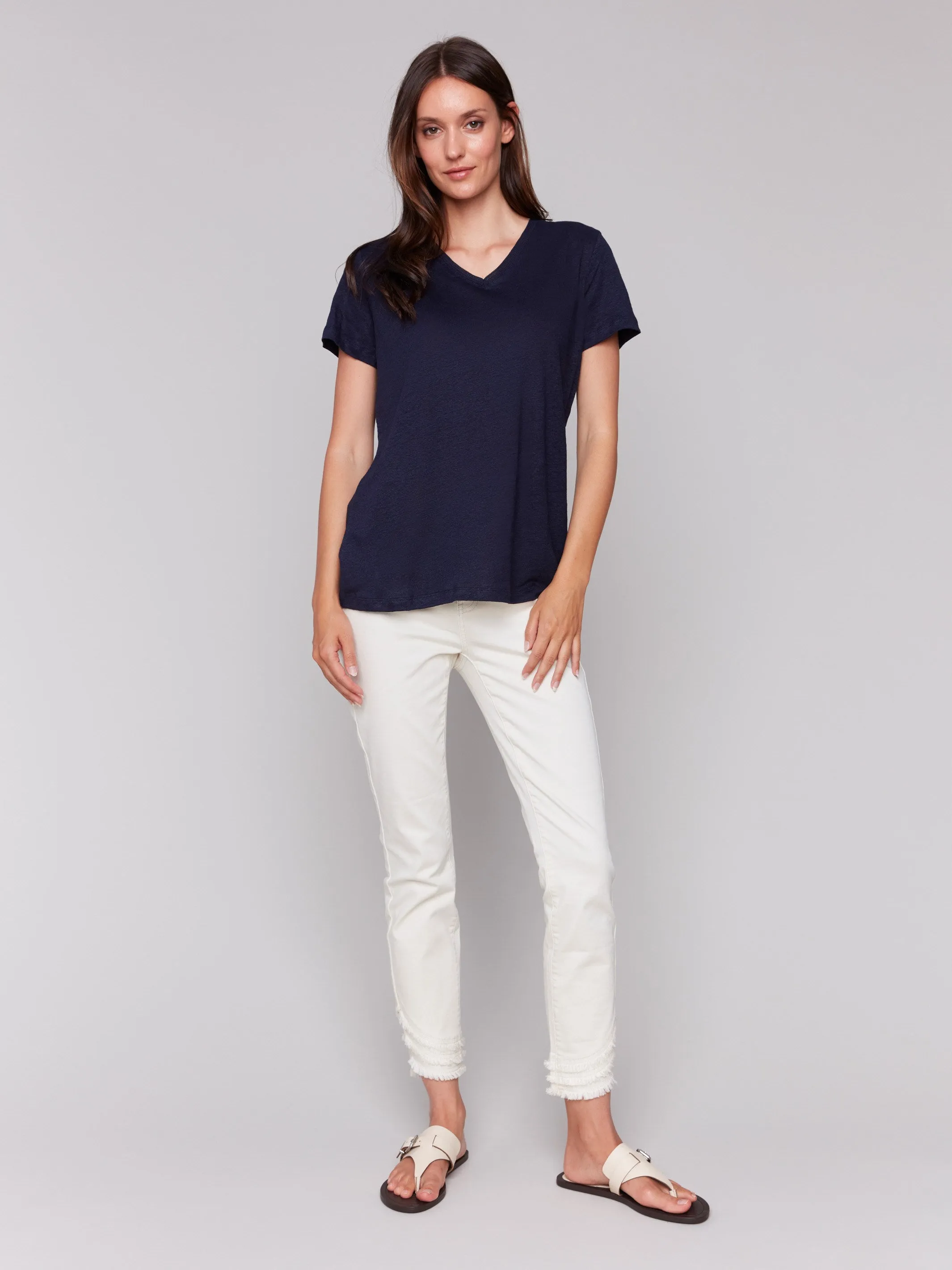 Linen Blend V-Neck T-Shirt - Navy Embroidered