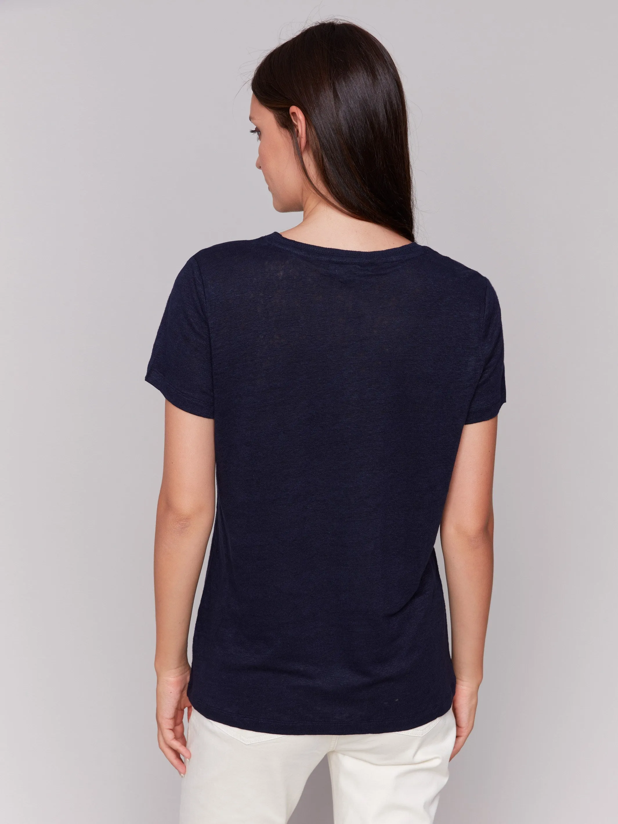 Linen Blend V-Neck T-Shirt - Navy Stretchable Collar Band Daily Outfit