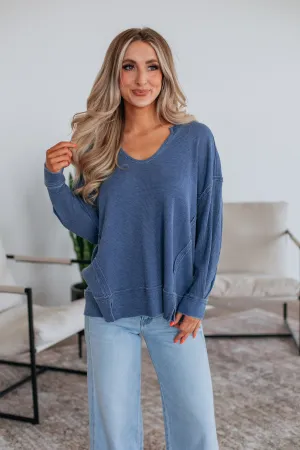 Basic Layering Pre Shrunk Fabric Kathrin Waffle Knit Top - Steel Blue