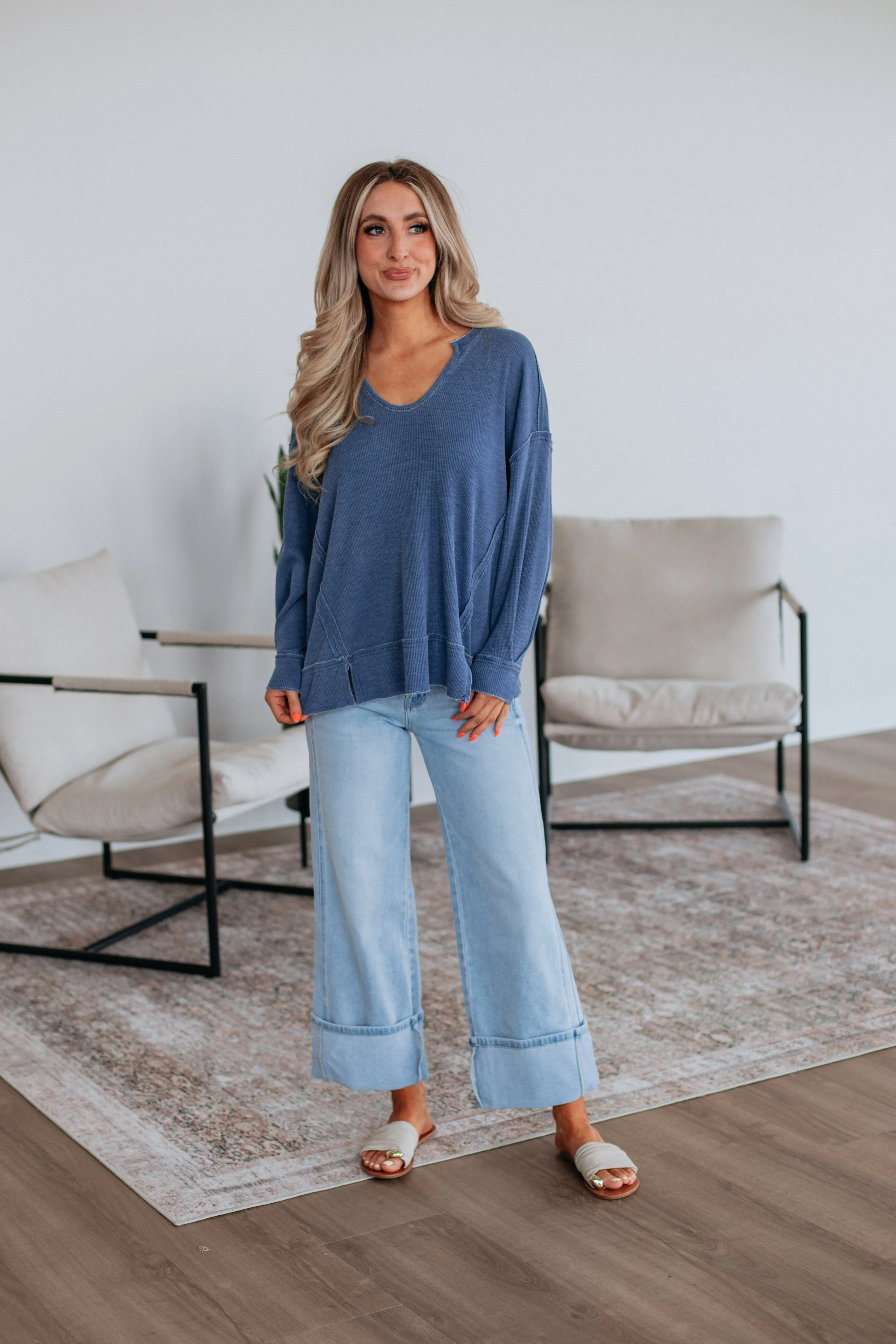 Kathrin Waffle Knit Top - Steel Blue Chilly Weather Style