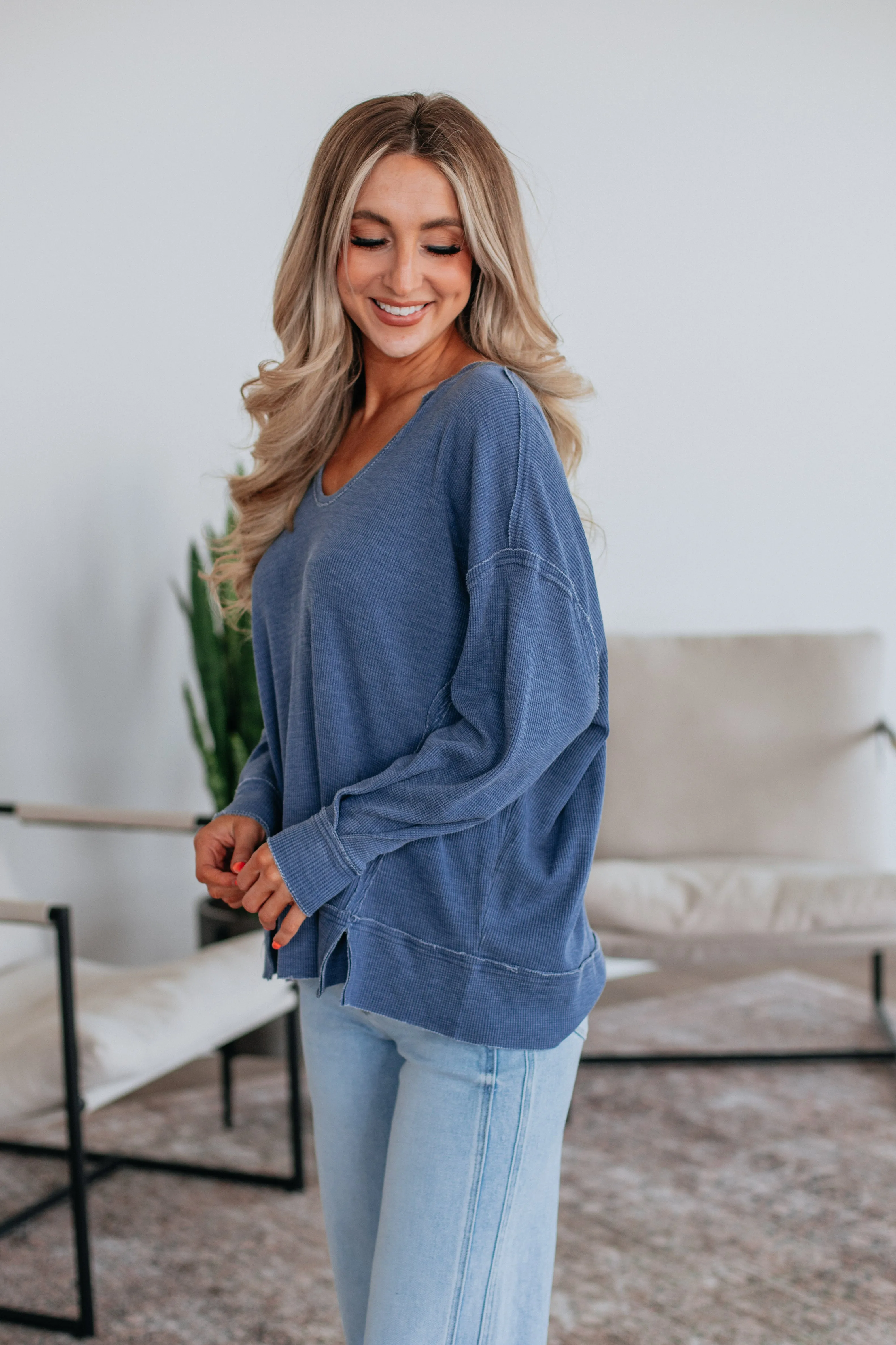 Kathrin Waffle Knit Top - Steel Blue Pocket Reinforcement Holiday Wear