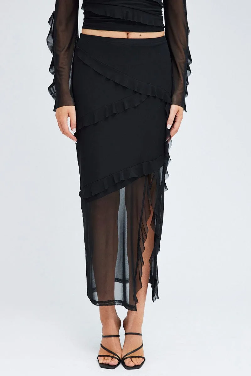 Light Moodboard Black Maxi Skirt Ruffle Detail Mesh