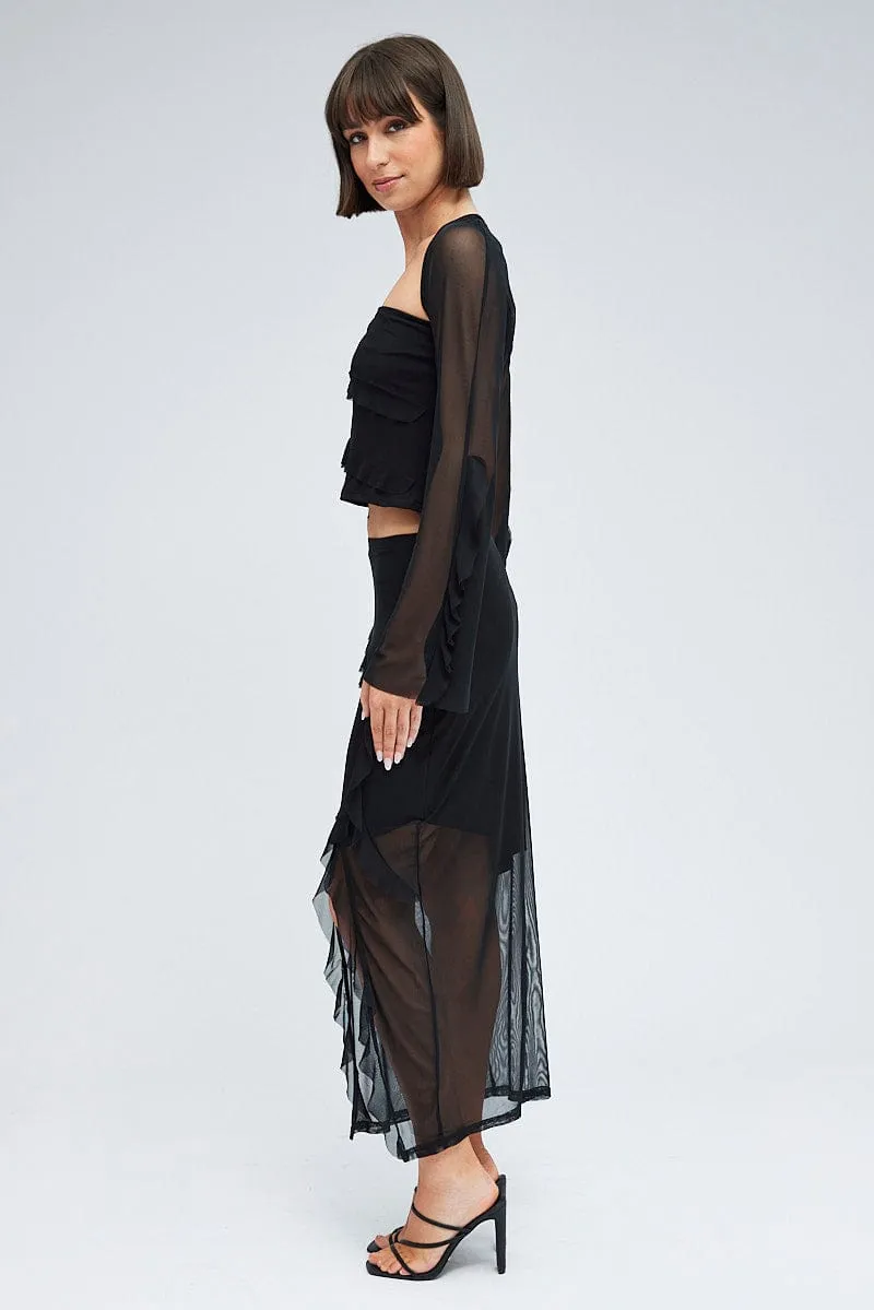 Sleek Styling Crisp Details Black Maxi Skirt Ruffle Detail Mesh