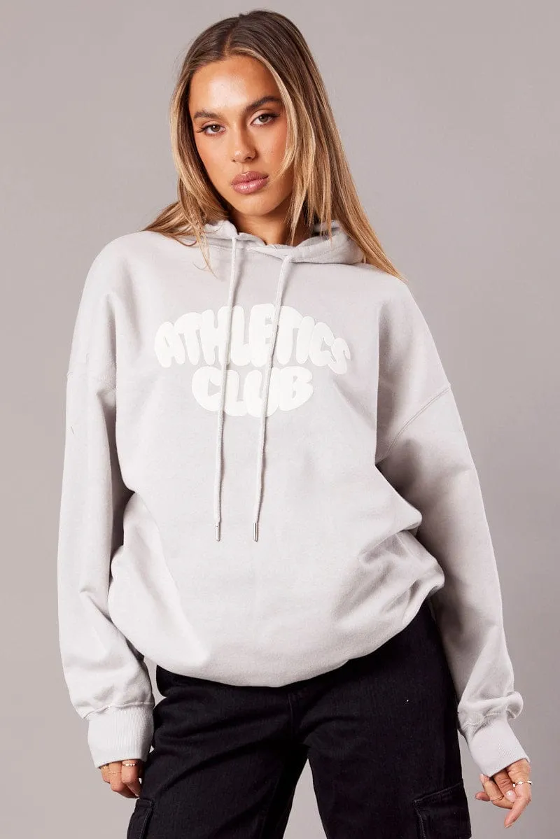 Grey Graphic Hoodie Sweater Long Sleeve Essential Outerwear label accents