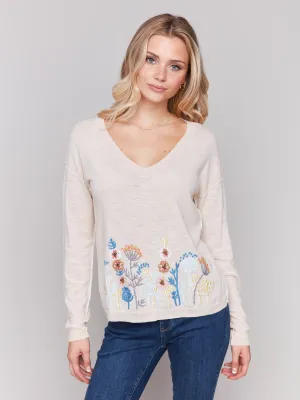 Seasonal Warmth Timeless Style Embroidered Cotton V-Neck Sweater - Flowers