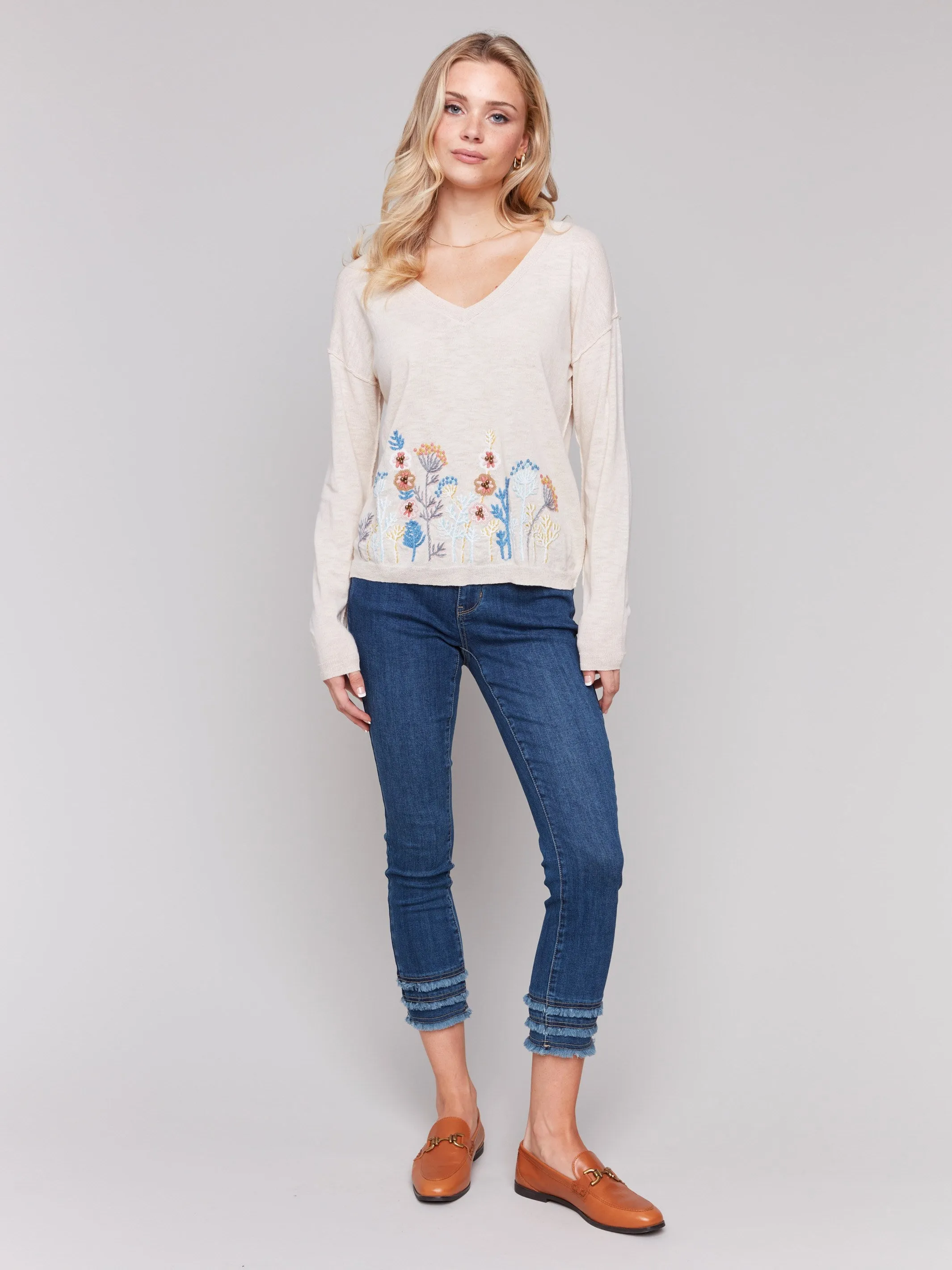 Winter Ready Wear Stylish Knit Look Embroidered Cotton V-Neck Sweater - Flowers