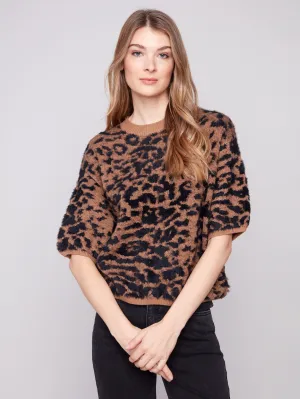 Balloon Elbow Sleeve Knit Sweater - Leopard Soft Knit Design