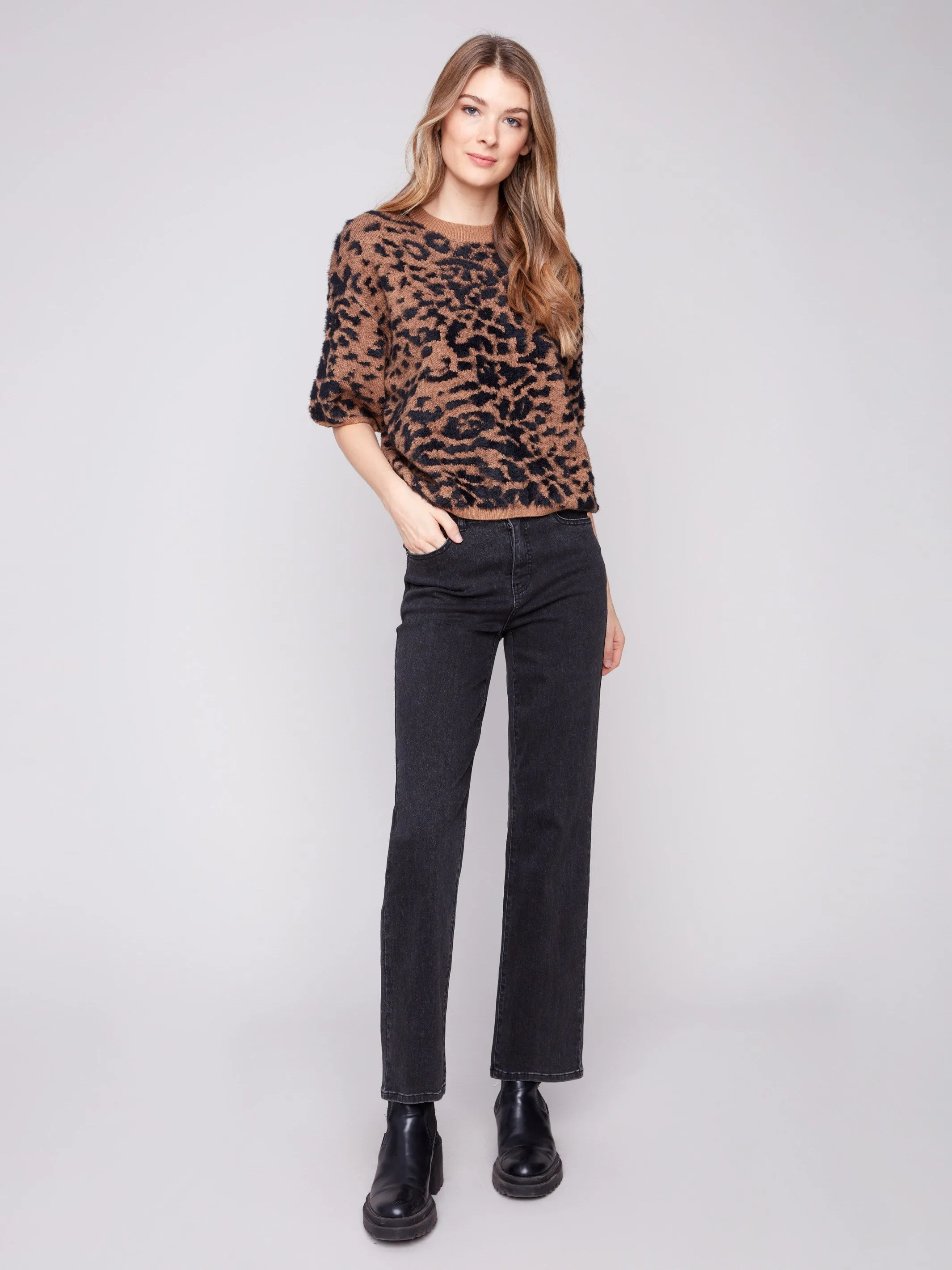 Balloon Elbow Sleeve Knit Sweater - Leopard Fashionable Comfort