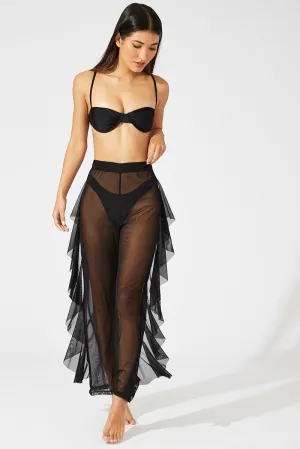 Black Ruffle Beach Pants Contrast Trim ResilientElasticBand