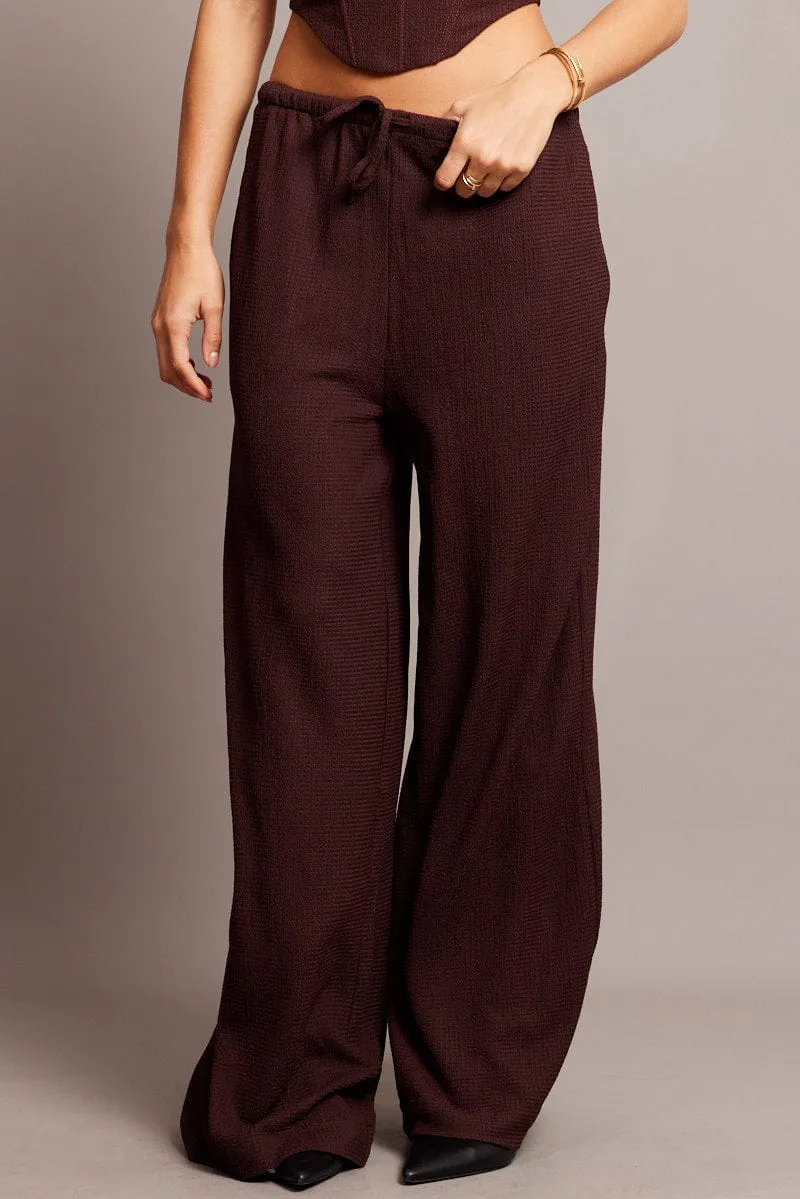 Brown Wide Leg Pants High Rise Textured Fabric City Ready
