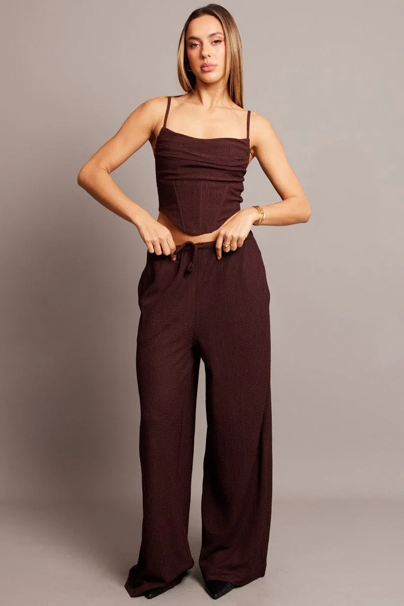 Brown Wide Leg Pants High Rise Textured Fabric Gusseted Crotch EcoFriendlyDye