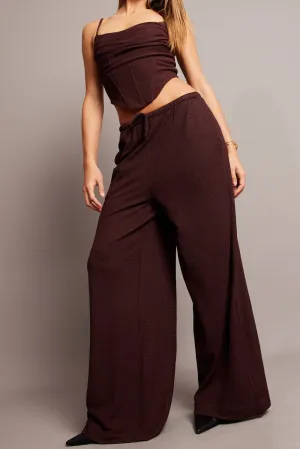 Brown Wide Leg Pants High Rise Textured Fabric Cozy Comfort
