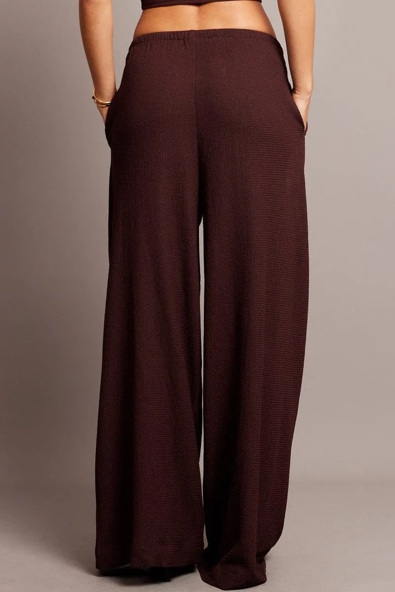 Outdoor Wear Eco Friendly Dye Brown Wide Leg Pants High Rise Textured Fabric