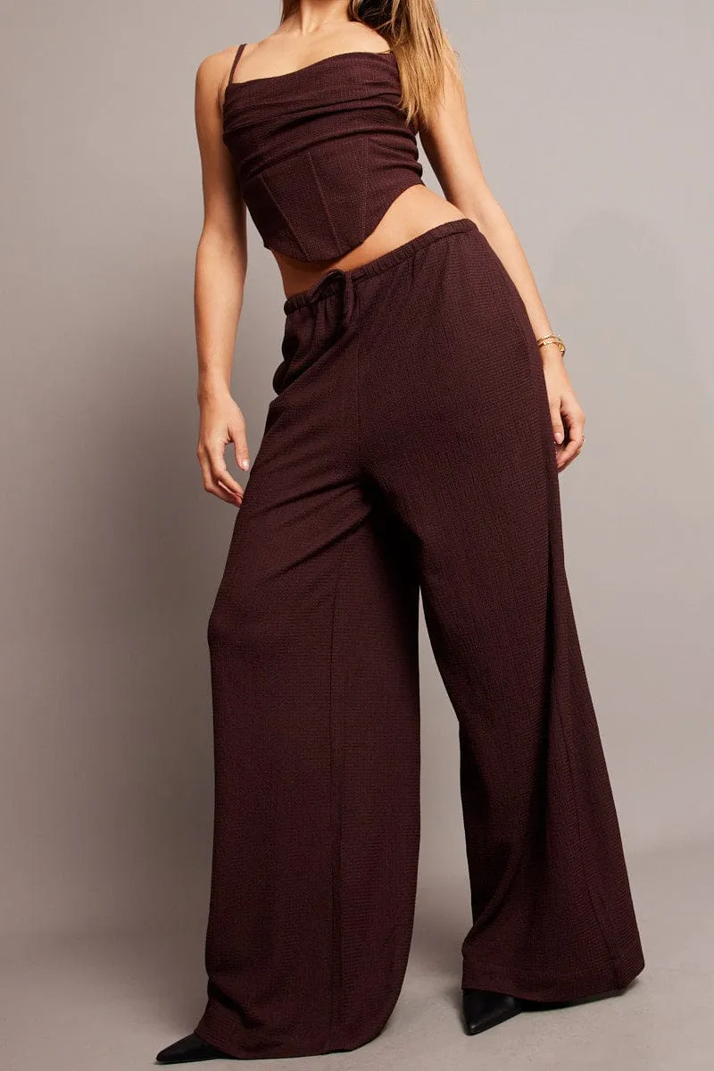 Brown Wide Leg Pants High Rise Textured Fabric Cozy Comfort