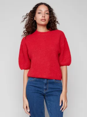 Warm Layer Balloon Elbow Sleeve Knit Sweater - Crimson