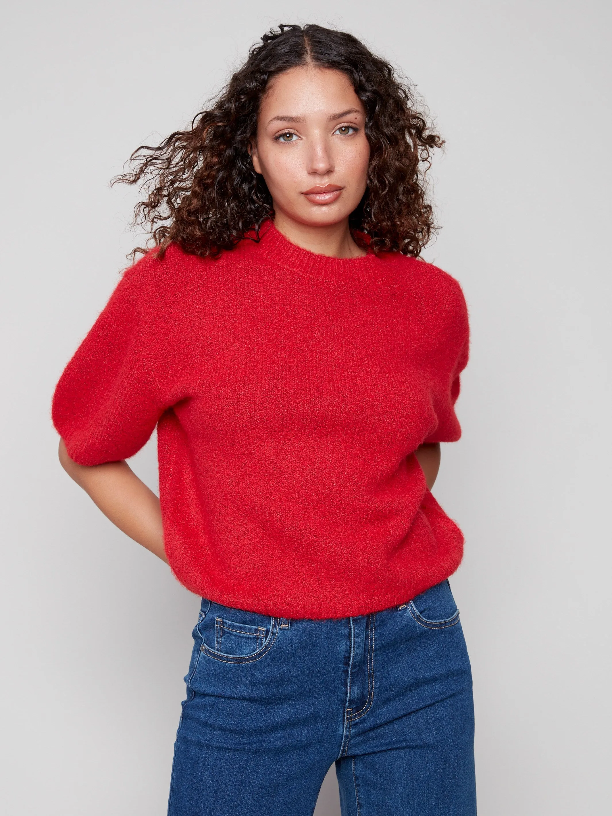 Balloon Elbow Sleeve Knit Sweater - Crimson Snug & Stylish Sophisticated Style