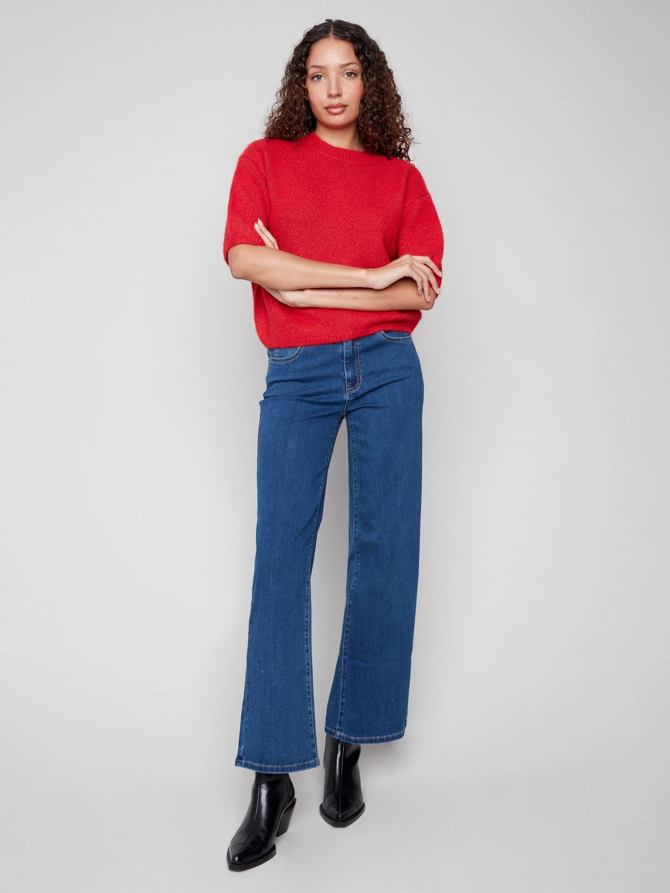 Oversized Fit Versatile Piece Balloon Elbow Sleeve Knit Sweater - Crimson