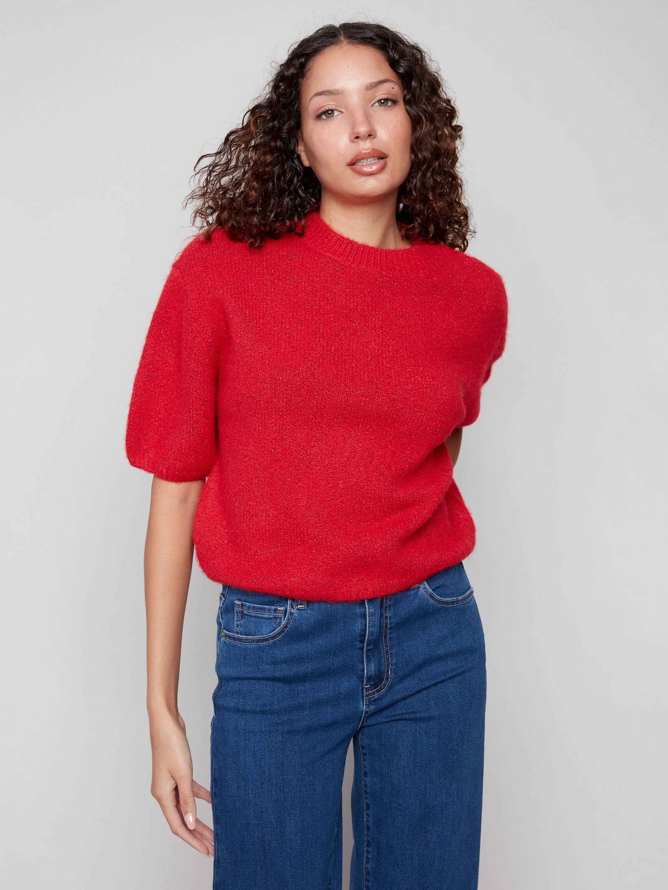 Balloon Elbow Sleeve Knit Sweater - Crimson Winter Fashion Must-Have