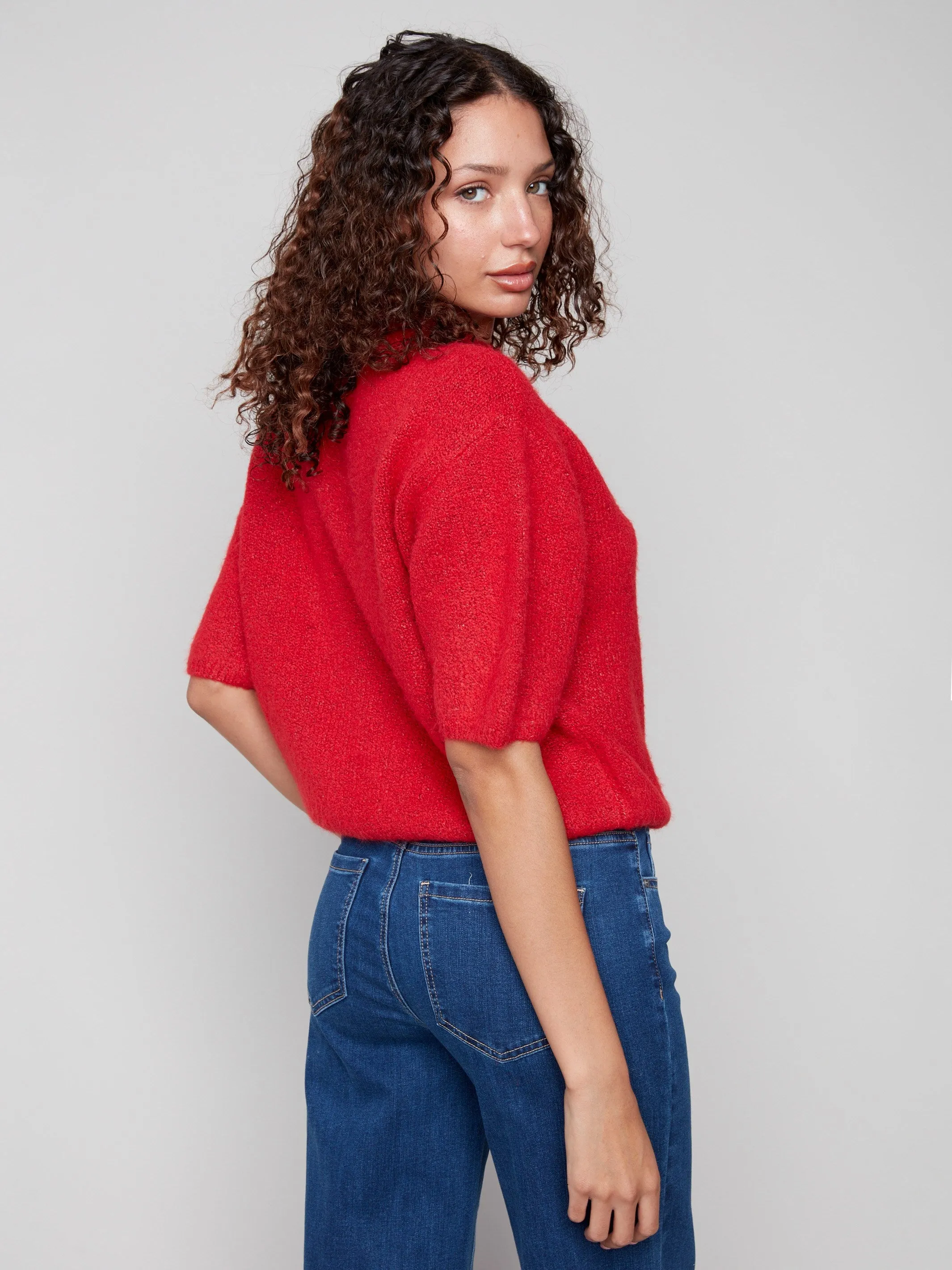 Balloon Elbow Sleeve Knit Sweater - Crimson Winter Layers