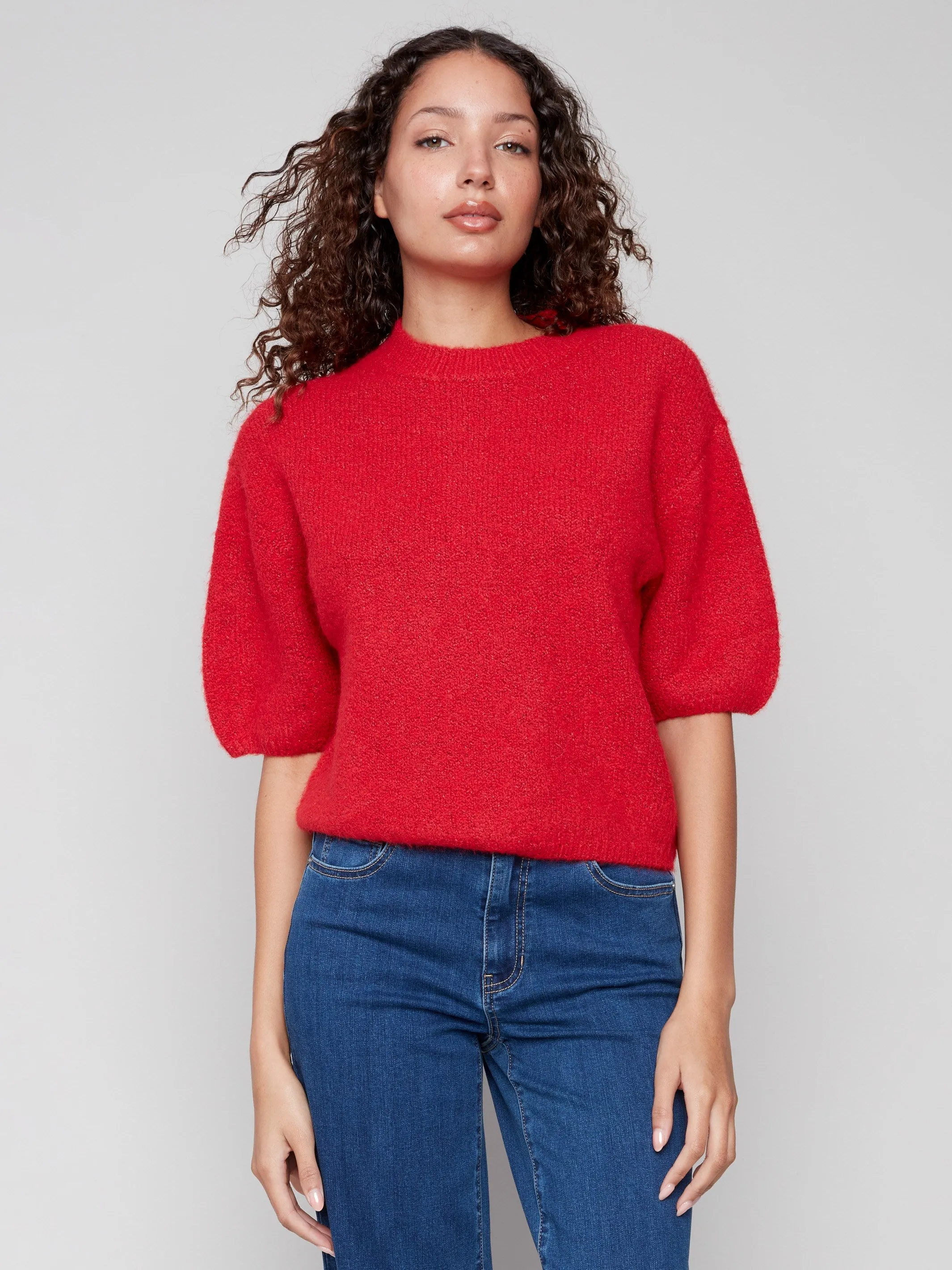 Warm Layer Balloon Elbow Sleeve Knit Sweater - Crimson