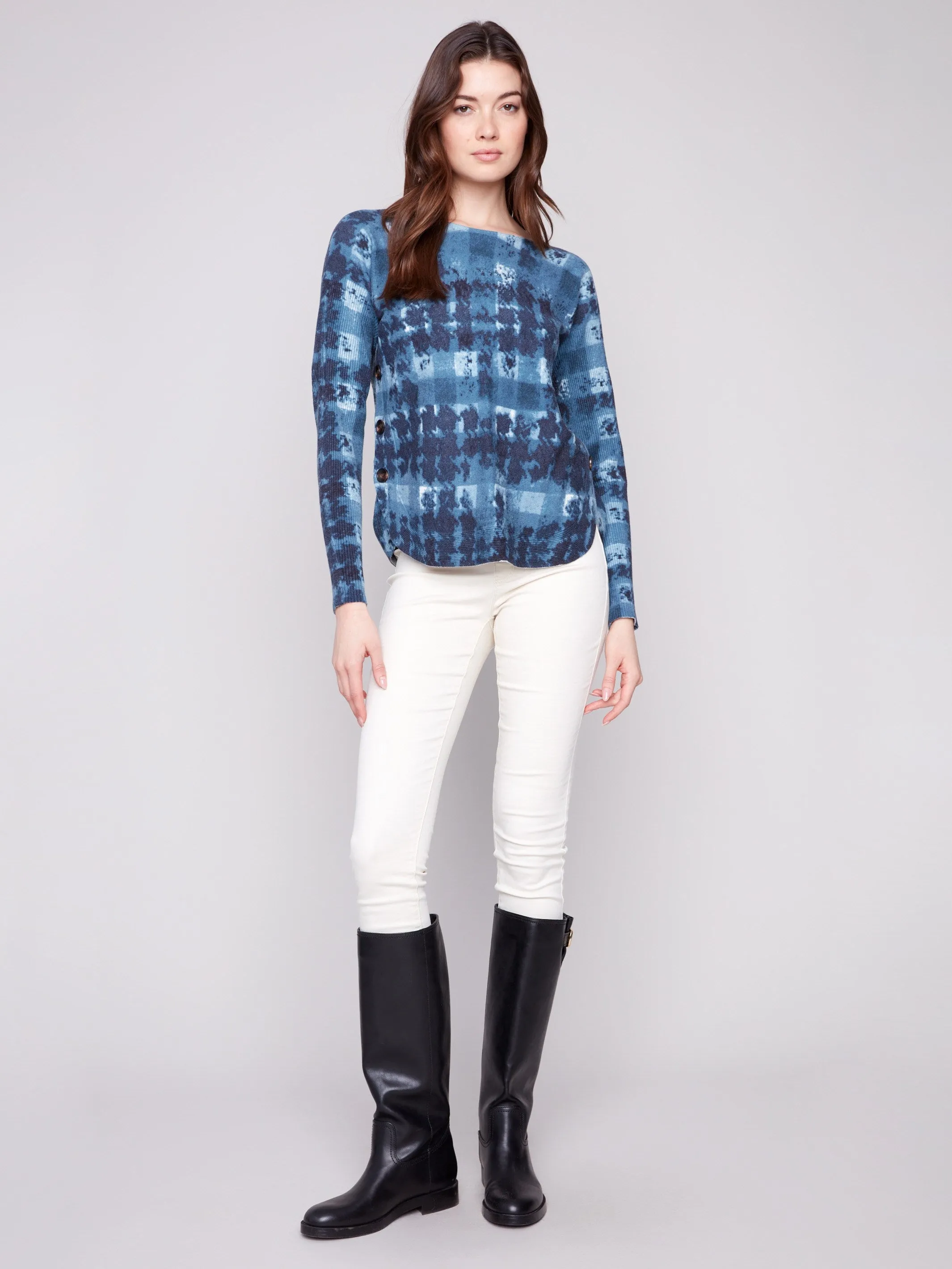 Printed Boat Neck Sweater With Side Buttons - Shadow Breathable Design