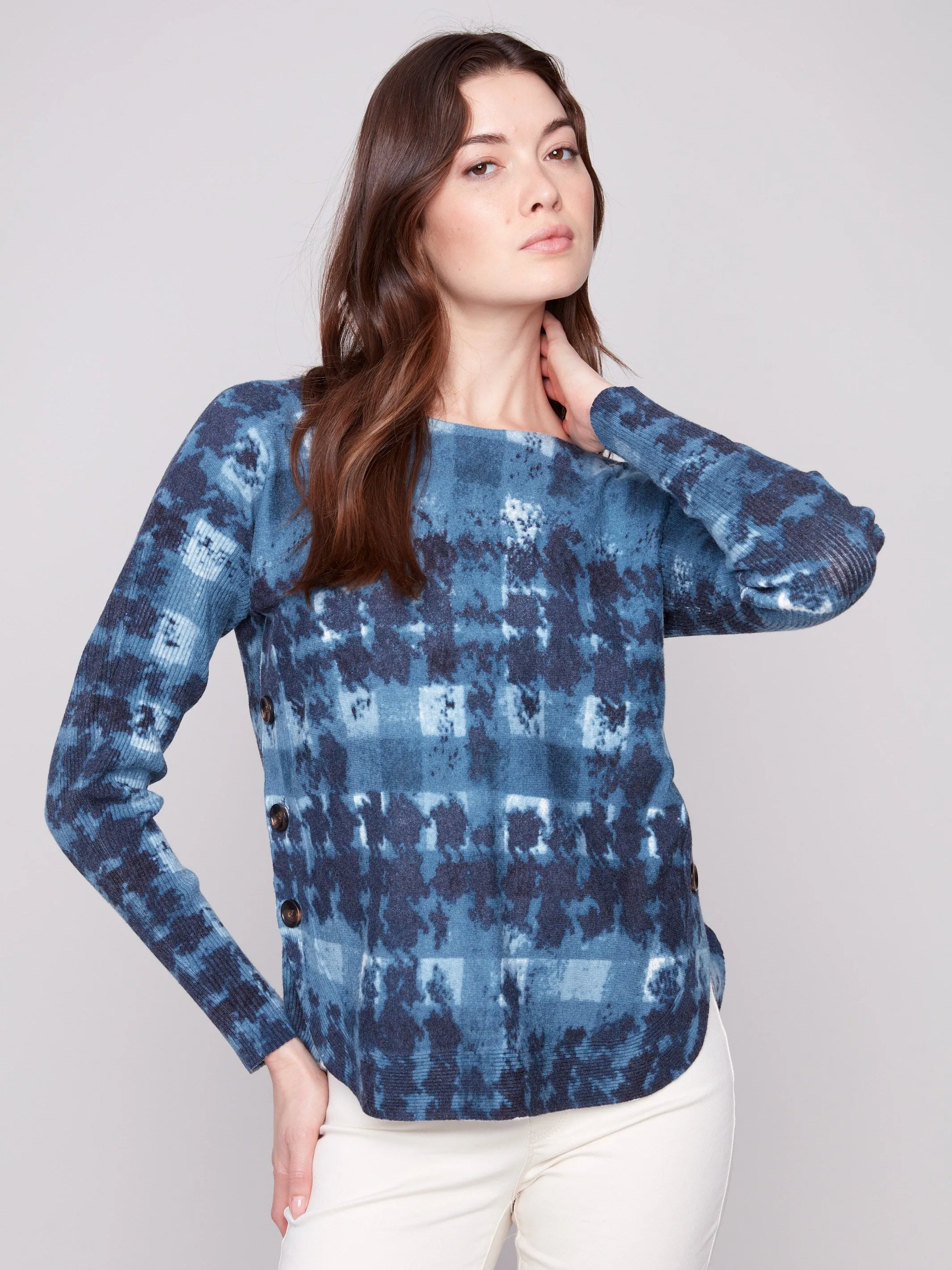 Printed Boat Neck Sweater With Side Buttons - Shadow Trendy Layering